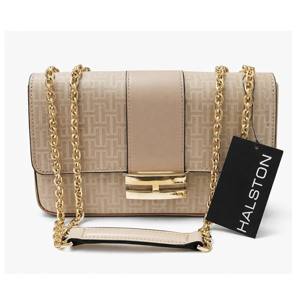 H Halston Lizzy Monogram Crossbody Bag Tan Gold Chain Q5AZZES1